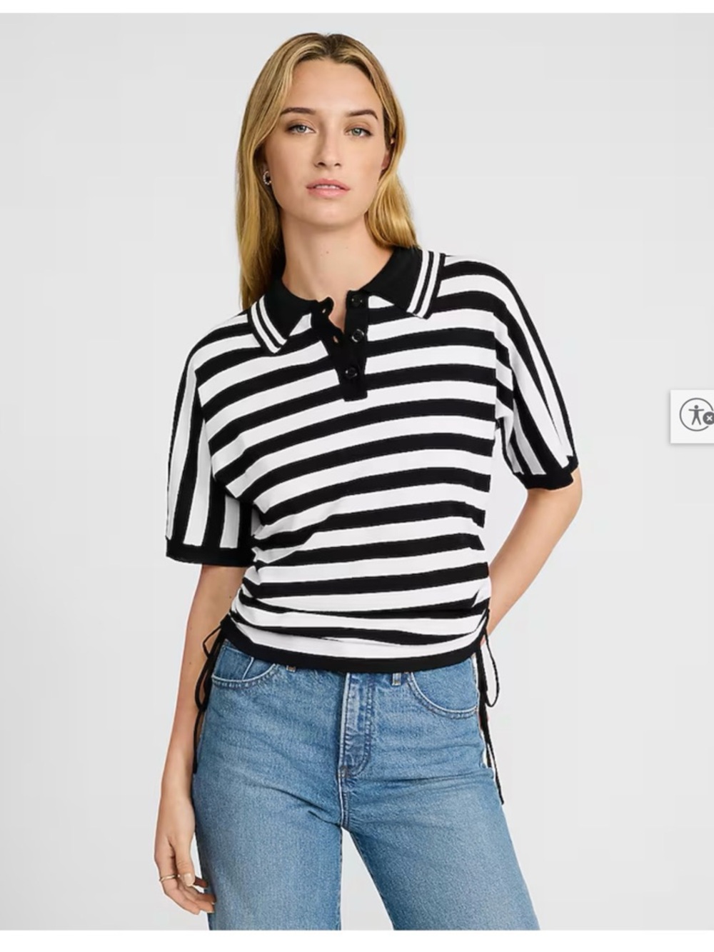 Express Black & White Striped Polo Knit Short Sleeve Top
